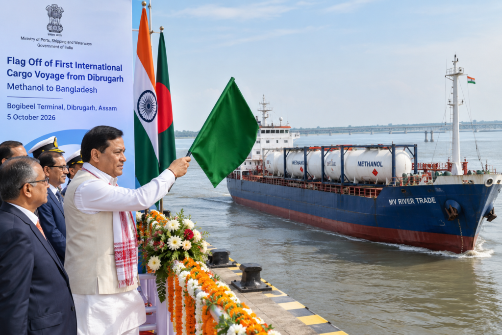 Sarbananda Sonowal at Bogibeel Terminal in Dibrugarh for the first international cargo voyage to Bangladesh